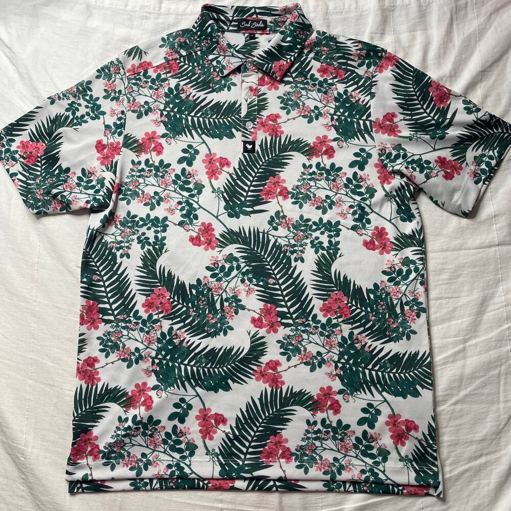 Bad Birdie The Arborist Palm Floral Pique Polo Shirt Sz Medium Men's Athleisure